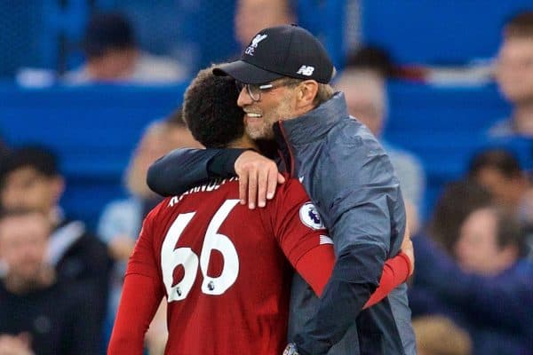 LONDON, ENGLAND - Sunday, September 22, 2019: Liverpool's manager Jürgen Klopp celebrates with Trent Alexander-Arnold after the FA Premier League match between Chelsea's FC and Liverpool FC at Stamford Bridge. Liverpool won 2-1. (Pic by David Rawcliffe/Propaganda)