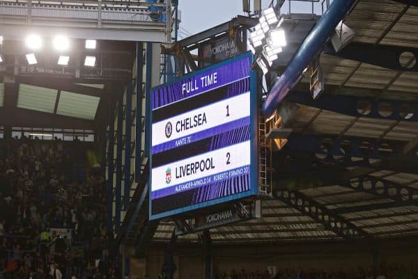 LONDON, ENGLAND - Sunday, September 22, 2019: Chelsea's scoreboard records the 2-1 victory for Liverpool after the FA Premier League match between Chelsea's FC and Liverpool FC at Stamford Bridge. (Pic by David Rawcliffe/Propaganda)