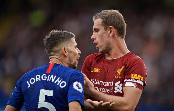 LONDON, ENGLAND - Sunday, September 22, 2019: Liverpool's captain Jordan Henderson (R) and Chelsea's Jorge Luiz Frello Filho 'Jorginho' during the FA Premier League match between Chelsea's FC and Liverpool FC at Stamford Bridge. (Pic by David Rawcliffe/Propaganda)