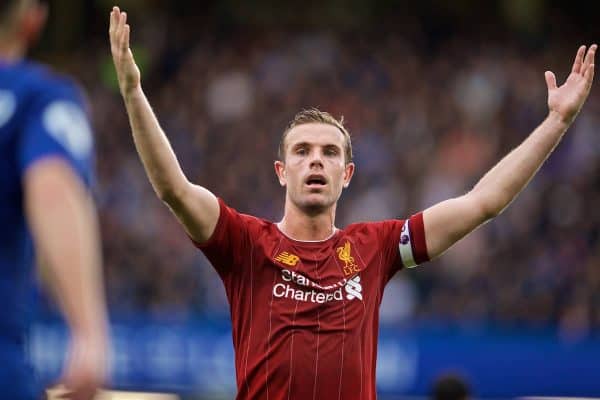 LONDON, ENGLAND - Sunday, September 22, 2019: Liverpool's captain Jordan Henderson during the FA Premier League match between Chelsea's FC and Liverpool FC at Stamford Bridge. (Pic by David Rawcliffe/Propaganda)