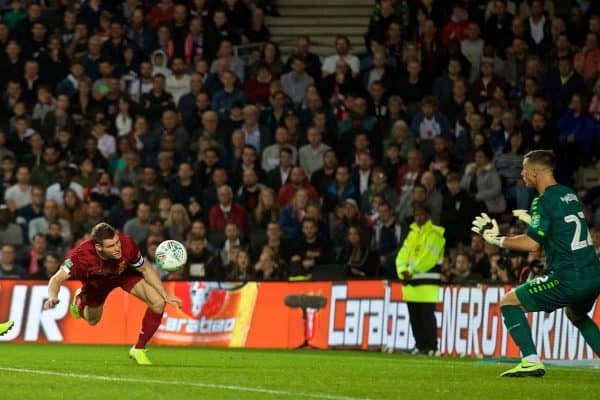 MILTON KEYNES, ENGLAND - Wednesday, September 25, 2019: Liverpool's James Milner sees his header go wide during the Football League Cup 3rd Round match between MK Dons FC and Liverpool FC at Stadium MK. (Pic by David Rawcliffe/Propaganda)