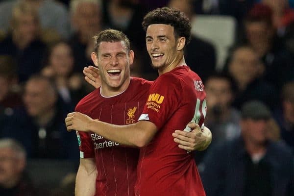 MILTON KEYNES, ENGLAND - Wednesday, September 25, 2019: Liverpool's James Milner celebrates scoring the first goal with team-mate Curtis Jones during the Football League Cup 3rd Round match between MK Dons FC and Liverpool FC at Stadium MK. (Pic by David Rawcliffe/Propaganda)