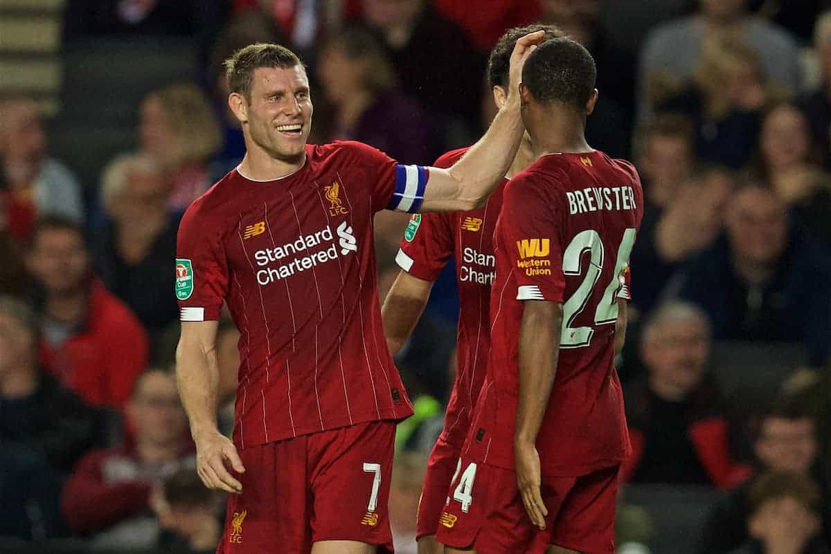 MILTON KEYNES, ENGLAND - Wednesday, September 25, 2019: Liverpool's James Milner celebrates scoring the first goal with team-mates during the Football League Cup 3rd Round match between MK Dons FC and Liverpool FC at Stadium MK. (Pic by David Rawcliffe/Propaganda)