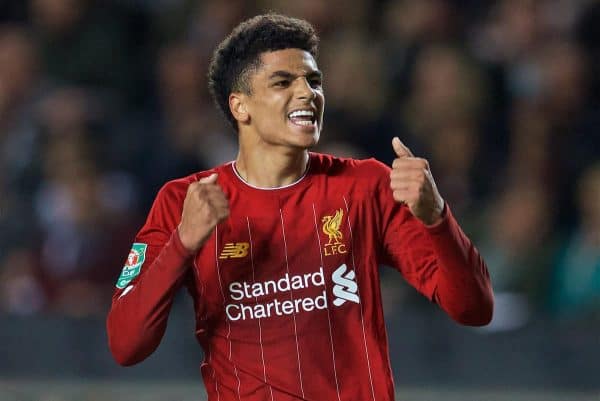 MILTON KEYNES, ENGLAND - Wednesday, September 25, 2019: Liverpool's Ki-Jana Hoever (L) celebrates scoring the second goal during the Football League Cup 3rd Round match between MK Dons FC and Liverpool FC at Stadium MK. (Pic by David Rawcliffe/Propaganda)