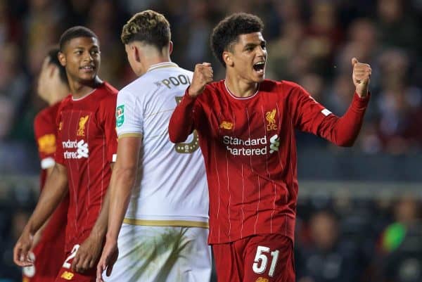 MILTON KEYNES, ENGLAND - Wednesday, September 25, 2019: Liverpool's Ki-Jana Hoever (L) celebrates scoring the second goal during the Football League Cup 3rd Round match between MK Dons FC and Liverpool FC at Stadium MK. (Pic by David Rawcliffe/Propaganda)