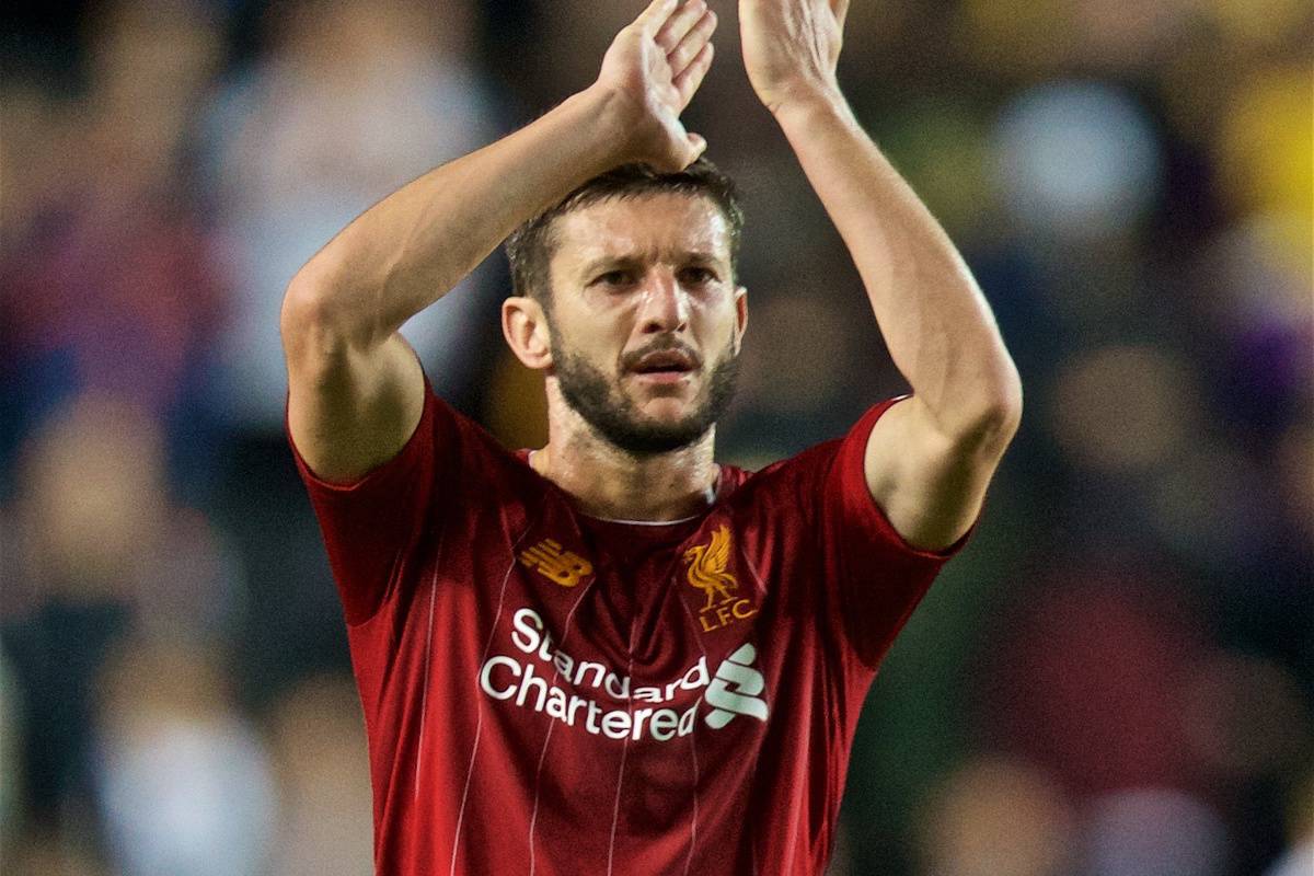 MILTON KEYNES, ENGLAND - Wednesday, September 25, 2019: Liverpool's Adam Lallana applauds the travelling supporters after the Football League Cup 3rd Round match between MK Dons FC and Liverpool FC at Stadium MK. Liverpool won 2-0. (Pic by David Rawcliffe/Propaganda)