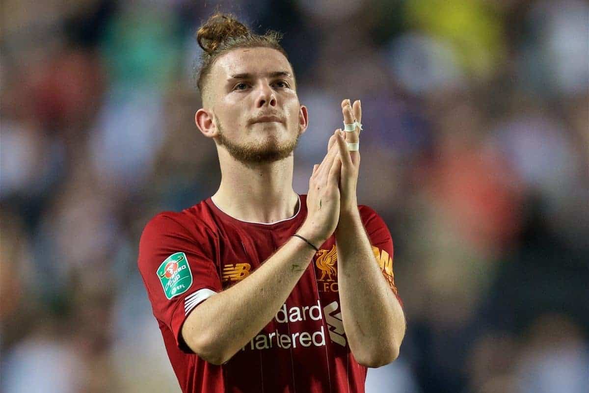 MILTON KEYNES, ENGLAND - Wednesday, September 25, 2019: Liverpool's Harvey Elliott applauds the travelling supporters after the Football League Cup 3rd Round match between MK Dons FC and Liverpool FC at Stadium MK. Liverpool won 2-0. (Pic by David Rawcliffe/Propaganda)