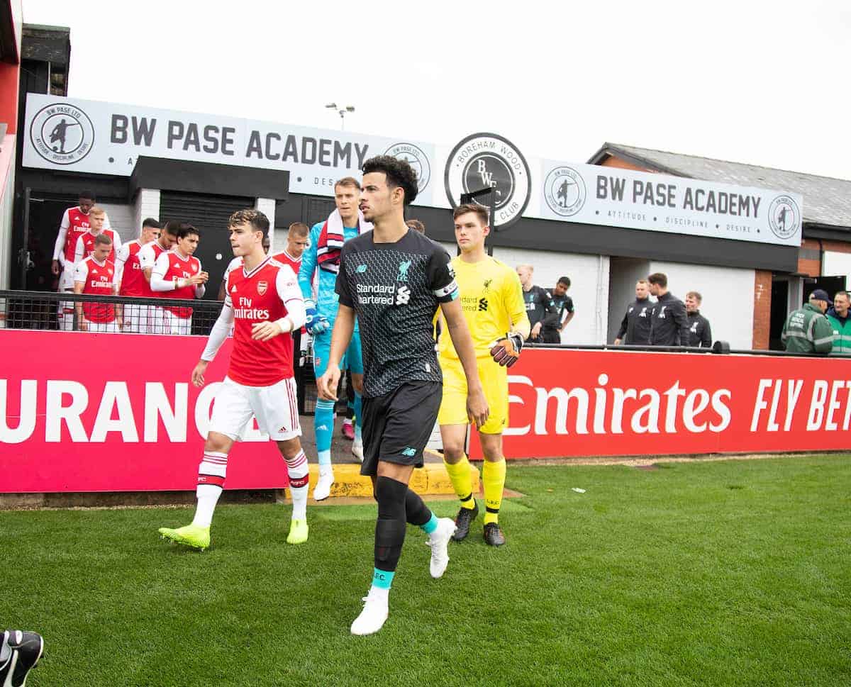 BOREHAMWOOD, ENGLAND - Saturday, September 28, 2019: Liverpool's Curtis Jones leads out the team during the Under-23 FA Premier League 2 Division 1 match between Arsenal FC and Liverpool FC at Meadow Park. (Pic by Kunjan Malde/Propaganda)