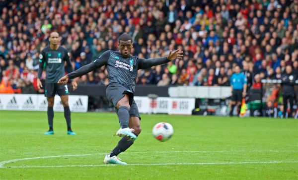 SHEFFIELD, ENGLAND - Thursday, September 26, 2019: Liverpool's Georginio Wijnaldum scores the first goal during the FA Premier League match between Sheffield United FC and Liverpool FC at Bramall Lane. (Pic by David Rawcliffe/Propaganda)