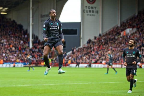 SHEFFIELD, ENGLAND - Thursday, September 26, 2019: Liverpool's Georginio Wijnaldum celebrates scoring the first goal during the FA Premier League match between Sheffield United FC and Liverpool FC at Bramall Lane. (Pic by David Rawcliffe/Propaganda)