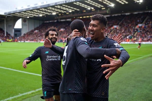 SHEFFIELD, ENGLAND - Thursday, September 26, 2019: Liverpool's Georginio Wijnaldum (C) celebrates scoring the only goal of the game with team-mate Roberto Firmino (R) during the FA Premier League match between Sheffield United FC and Liverpool FC at Bramall Lane. Liverpool won 1-0. (Pic by David Rawcliffe/Propaganda)