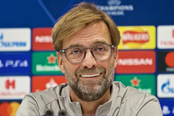 LIVERPOOL, ENGLAND - Tuesday, October 1, 2019: Liverpool's manager Jürgen Klopp during a press conference at Anfield ahead of the UEFA Champions League Group E match between Liverpool FC and FC Salzburg. (Pic by David Rawcliffe/Propaganda)