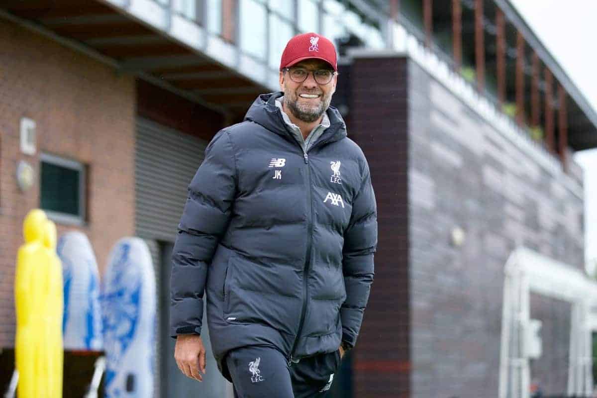 LIVERPOOL, ENGLAND - Tuesday, October 1, 2019: Liverpool's manager Jürgen Klopp during a training session at Melwood Training Ground ahead of the UEFA Champions League Group E match between Liverpool FC and FC Salzburg. (Pic by David Rawcliffe/Propaganda)