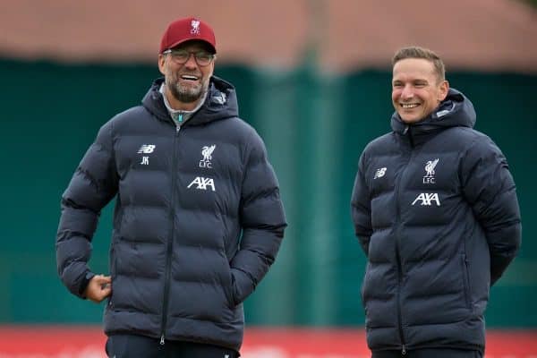 LIVERPOOL, ENGLAND - Tuesday, October 1, 2019: Liverpool's manager Jürgen Klopp (L) and first-team development coach Pepijn Lijnders during a training session at Melwood Training Ground ahead of the UEFA Champions League Group E match between Liverpool FC and FC Salzburg. (Pic by David Rawcliffe/Propaganda)