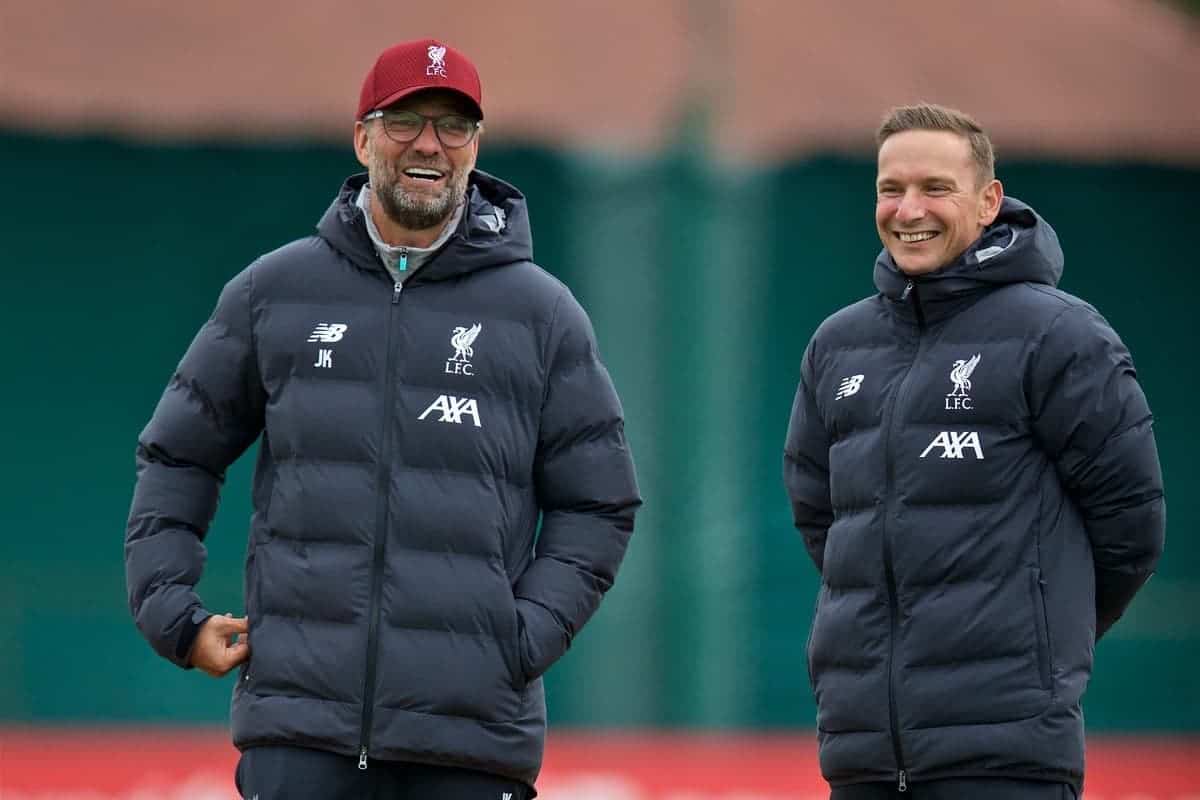 LIVERPOOL, ENGLAND - Tuesday, October 1, 2019: Liverpool's manager Jürgen Klopp (L) and first-team development coach Pepijn Lijnders during a training session at Melwood Training Ground ahead of the UEFA Champions League Group E match between Liverpool FC and FC Salzburg. (Pic by David Rawcliffe/Propaganda)