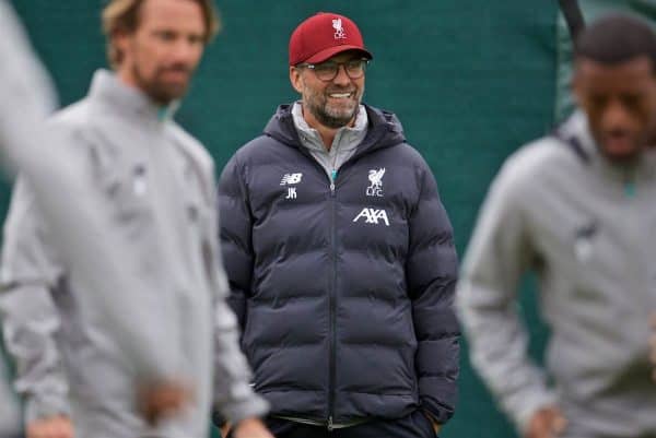 LIVERPOOL, ENGLAND - Tuesday, October 1, 2019: Liverpool's manager Jürgen Klopp during a training session at Melwood Training Ground ahead of the UEFA Champions League Group E match between Liverpool FC and FC Salzburg. (Pic by David Rawcliffe/Propaganda)