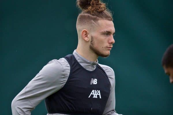 LIVERPOOL, ENGLAND - Tuesday, October 1, 2019: Liverpool's Harvey Elliott during a training session at Melwood Training Ground ahead of the UEFA Champions League Group E match between Liverpool FC and FC Salzburg. (Pic by David Rawcliffe/Propaganda)