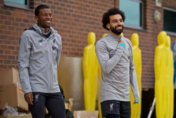 LIVERPOOL, ENGLAND - Tuesday, October 1, 2019: Liverpool's Georginio Wijnaldum (L) and Mohamed Salah during a training session at Melwood Training Ground ahead of the UEFA Champions League Group E match between Liverpool FC and FC Salzburg. (Pic by David Rawcliffe/Propaganda)