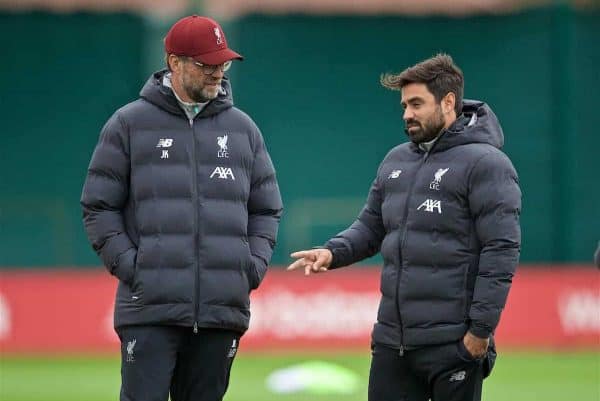 LIVERPOOL, ENGLAND - Tuesday, October 1, 2019: Liverpool's manager Jürgen Klopp (L) with new coach Vitor Matos during a training session at Melwood Training Ground ahead of the UEFA Champions League Group E match between Liverpool FC and FC Salzburg. (Pic by David Rawcliffe/Propaganda)