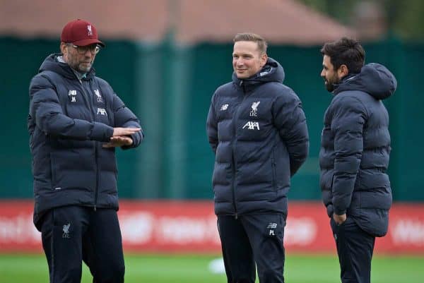 LIVERPOOL, ENGLAND - Tuesday, October 1, 2019: Liverpool's manager Jürgen Klopp (L), first-team development coach Pepijn Lijnders (C) and new coach Vitor Matos (R) during a training session at Melwood Training Ground ahead of the UEFA Champions League Group E match between Liverpool FC and FC Salzburg. (Pic by David Rawcliffe/Propaganda)