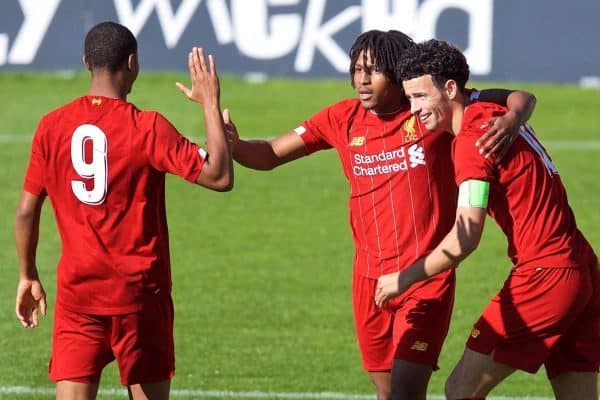 ST HELENS, ENGLAND - Wednesday, October 2, 2019: Liverpool's Yasser Larouci (C) celebrates scoring the first goal during the UEFA Youth League Group E match between Liverpool FC Under-19's and FC Salzburg Under-19's at Langtree Park. (Pic by David Rawcliffe/Propaganda)