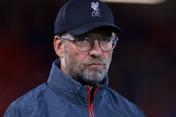 LIVERPOOL, ENGLAND - Wednesday, October 2, 2019: Liverpool's manager Jürgen Klopp during the pre-match warm-up before the UEFA Champions League Group E match between Liverpool FC and FC Salzburg at Anfield. (Pic by David Rawcliffe/Propaganda)