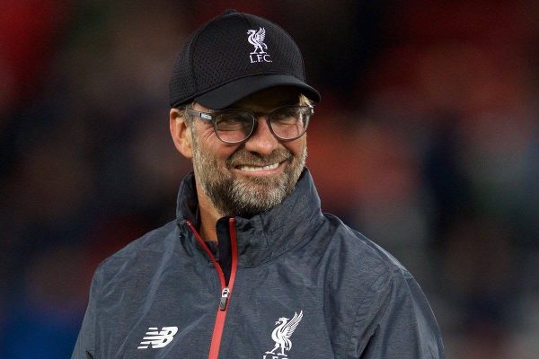 LIVERPOOL, ENGLAND - Wednesday, October 2, 2019: Liverpool's manager Jürgen Klopp during the pre-match warm-up before the UEFA Champions League Group E match between Liverpool FC and FC Salzburg at Anfield. (Pic by David Rawcliffe/Propaganda)