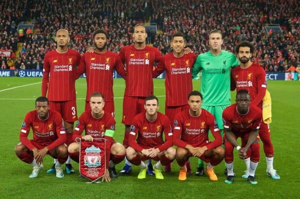 LIVERPOOL, ENGLAND - Wednesday, October 2, 2019: Liverpool players line-up for a team group photograph before the UEFA Champions League Group E match between Liverpool FC and FC Salzburg at Anfield. Back row L-R: Fabio Henrique Tavares 'Fabinho', Joe Gomez, Virgil van Dijk, Roberto Firmino, goalkeeper Adrián San Miguel del Castillo, Mohamed Salah. Front row L-R: Georginio Wijnaldum, captain Jordan Henderson, Andy Robertson, Trent Alexander-Arnold, Sadio Mane. (Pic by David Rawcliffe/Propaganda)