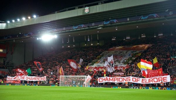 LIVERPOOL, ENGLAND - Wednesday, October 2, 2019: Liverpool supporters on the Spion Kop with a banner "We are the Champions, Champions of Europe" during the UEFA Champions League Group E match between Liverpool FC and FC Salzburg at Anfield. (Pic by David Rawcliffe/Propaganda)