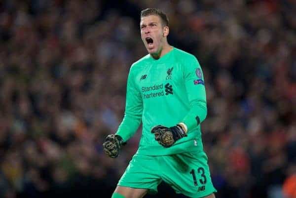 LIVERPOOL, ENGLAND - Wednesday, October 2, 2019: Liverpool's goalkeeper Adrián San Miguel del Castillo celebrates after the opening goal during the UEFA Champions League Group E match between Liverpool FC and FC Salzburg at Anfield. (Pic by David Rawcliffe/Propaganda)