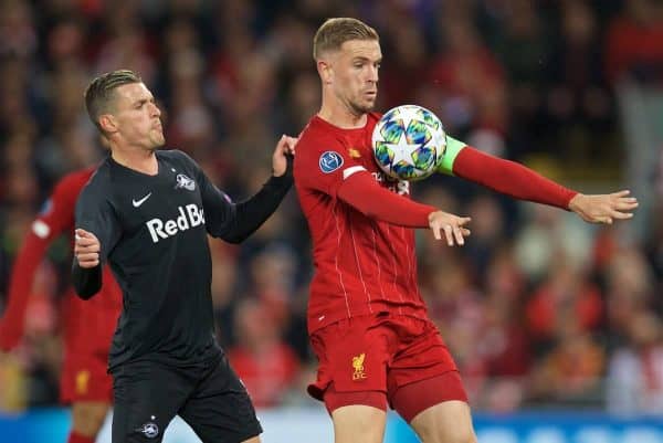 LIVERPOOL, ENGLAND - Wednesday, October 2, 2019: Liverpool's captain Jordan Henderson during the UEFA Champions League Group E match between Liverpool FC and FC Salzburg at Anfield. (Pic by David Rawcliffe/Propaganda)