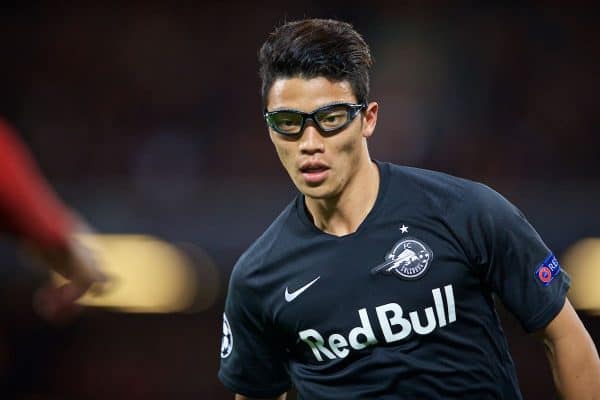 LIVERPOOL, ENGLAND - Wednesday, October 2, 2019: FC Salzburg's Hee-Chan Hwang wearing protective eye goggles during the UEFA Champions League Group E match between Liverpool FC and FC Salzburg at Anfield. (Pic by David Rawcliffe/Propaganda)