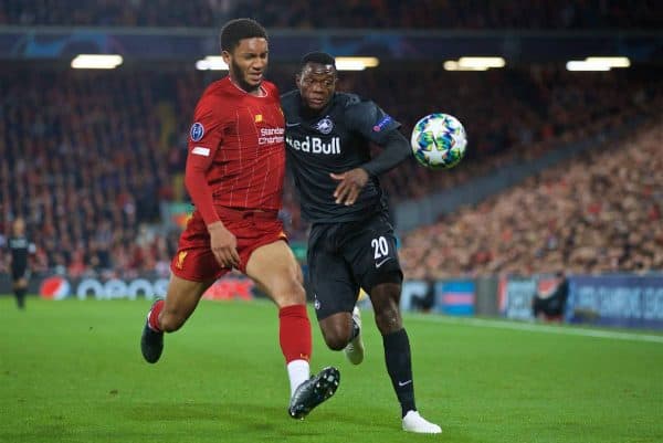 LIVERPOOL, ENGLAND - Wednesday, October 2, 2019: Liverpool's Joe Gomez (L) tackles FC Salzburg's Patson Daka during the UEFA Champions League Group E match between Liverpool FC and FC Salzburg at Anfield. (Pic by David Rawcliffe/Propaganda)