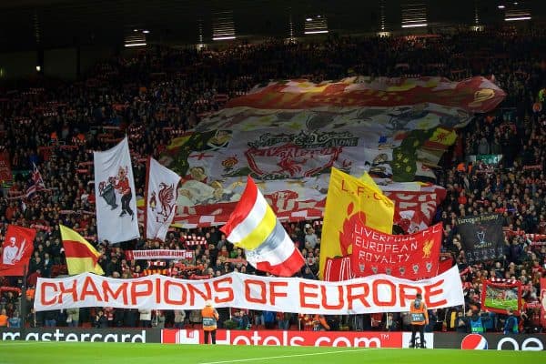 LIVERPOOL, ENGLAND - Wednesday, October 2, 2019: Liverpool supporters on the Spion Kop with a banner "Champions of Europe" during the UEFA Champions League Group E match between Liverpool FC and FC Salzburg at Anfield. (Pic by David Rawcliffe/Propaganda)