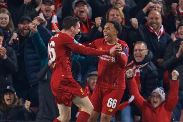 LIVERPOOL, ENGLAND - Wednesday, October 2, 2019: Liverpool's Andy Robertson (L) celebrates scoring the second goal with team-mate Trent Alexander-Arnold during the UEFA Champions League Group E match between Liverpool FC and FC Salzburg at Anfield. (Pic by David Rawcliffe/Propaganda)