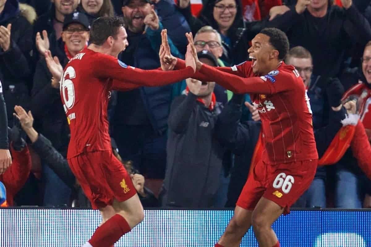 LIVERPOOL, ENGLAND - Wednesday, October 2, 2019: Liverpool's Andy Robertson (L) celebrates scoring the second goal with team-mate Trent Alexander-Arnold during the UEFA Champions League Group E match between Liverpool FC and FC Salzburg at Anfield. (Pic by David Rawcliffe/Propaganda)
