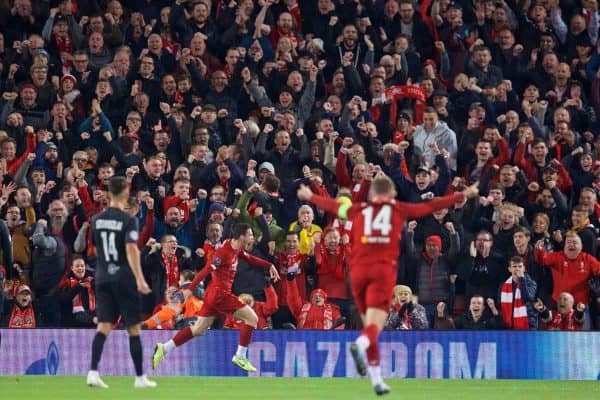 LIVERPOOL, ENGLAND - Wednesday, October 2, 2019: Liverpool's Andy Robertson celebrates scoring the second goal during the UEFA Champions League Group E match between Liverpool FC and FC Salzburg at Anfield. (Pic by David Rawcliffe/Propaganda)