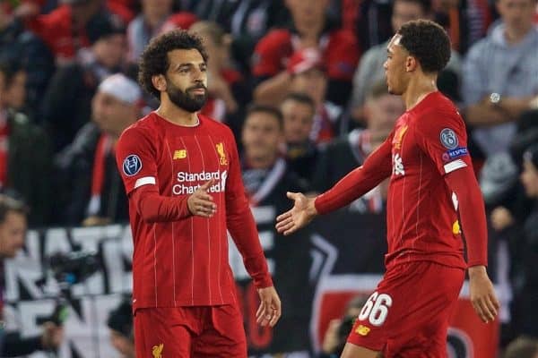 LIVERPOOL, ENGLAND - Wednesday, October 2, 2019: Liverpool's Mohamed Salah (L) celebrates scoring the third goal with team-mate Trent Alexander-Arnold during the UEFA Champions League Group E match between Liverpool FC and FC Salzburg at Anfield. (Pic by David Rawcliffe/Propaganda)