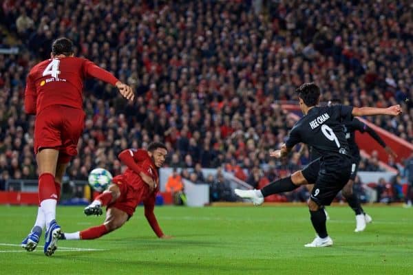 LIVERPOOL, ENGLAND - Wednesday, October 2, 2019: FC Salzburg's Hee-Chan Hwang scores his side's first goal during the UEFA Champions League Group E match between Liverpool FC and FC Salzburg at Anfield. (Pic by David Rawcliffe/Propaganda)