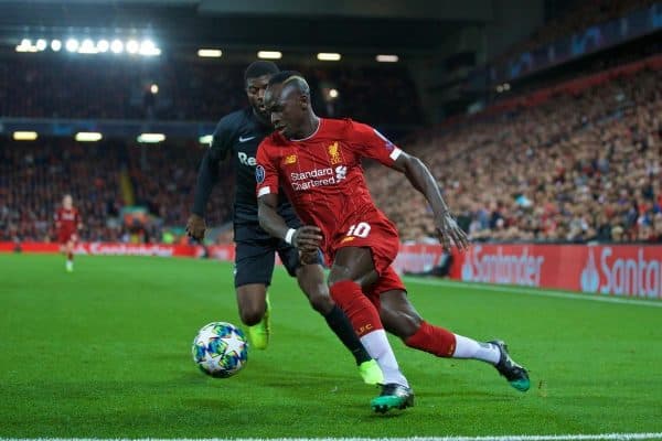 LIVERPOOL, ENGLAND - Wednesday, October 2, 2019: Liverpool's Sadio Mane (R) and FC Salzburg's Jérôme Onguéné during the UEFA Champions League Group E match between Liverpool FC and FC Salzburg at Anfield. (Pic by David Rawcliffe/Propaganda)