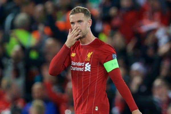 LIVERPOOL, ENGLAND - Wednesday, October 2, 2019: Liverpool's captain Jordan Henderson looks dejected as FC Salzburg score a third goal to equalise and level the score at 3-3 during the UEFA Champions League Group E match between Liverpool FC and FC Salzburg at Anfield. (Pic by David Rawcliffe/Propaganda)