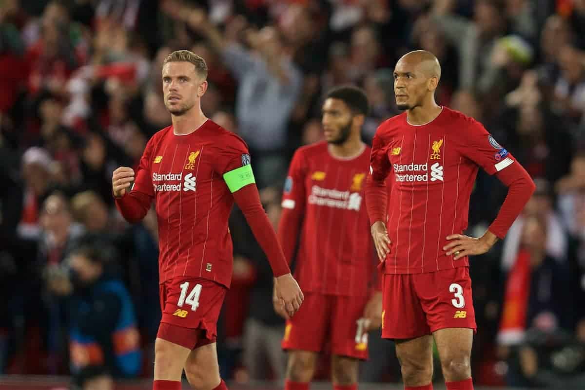 LIVERPOOL, ENGLAND - Wednesday, October 2, 2019: Liverpool's captain Jordan Henderson (L) and Fabio Henrique Tavares 'Fabinho' look dejected as FC Salzburg score a third goal to equalise and level the score at 3-3 during the UEFA Champions League Group E match between Liverpool FC and FC Salzburg at Anfield. (Pic by David Rawcliffe/Propaganda)