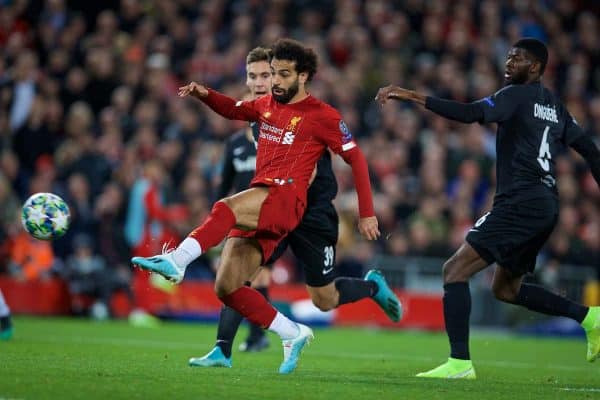 LIVERPOOL, ENGLAND - Wednesday, October 2, 2019: Liverpool's Mohamed Salah scores the fourth goal during the UEFA Champions League Group E match between Liverpool FC and FC Salzburg at Anfield. (Pic by David Rawcliffe/Propaganda)