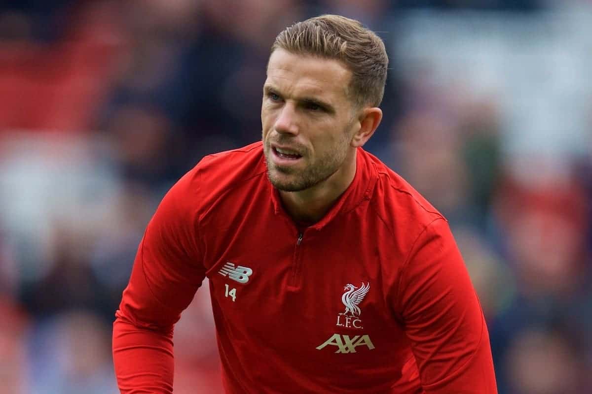 LIVERPOOL, ENGLAND - Saturday, October 5, 2019: Liverpool's captain Jordan Henderson during the pre-match warm-up before the FA Premier League match between Liverpool FC and Leicester City FC at Anfield. (Pic by David Rawcliffe/Propaganda)