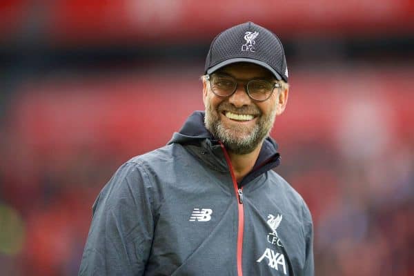 LIVERPOOL, ENGLAND - Saturday, October 5, 2019: Liverpool's manager Jürgen Klopp during the pre-match warm-up before the FA Premier League match between Liverpool FC and Leicester City FC at Anfield. (Pic by David Rawcliffe/Propaganda)