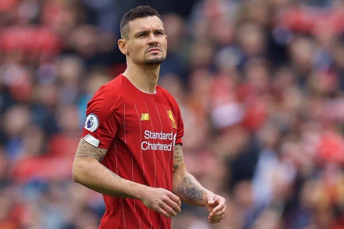 LIVERPOOL, ENGLAND - Saturday, October 5, 2019: Liverpool's Dejan Lovren during the FA Premier League match between Liverpool FC and Leicester City FC at Anfield. (Pic by David Rawcliffe/Propaganda)