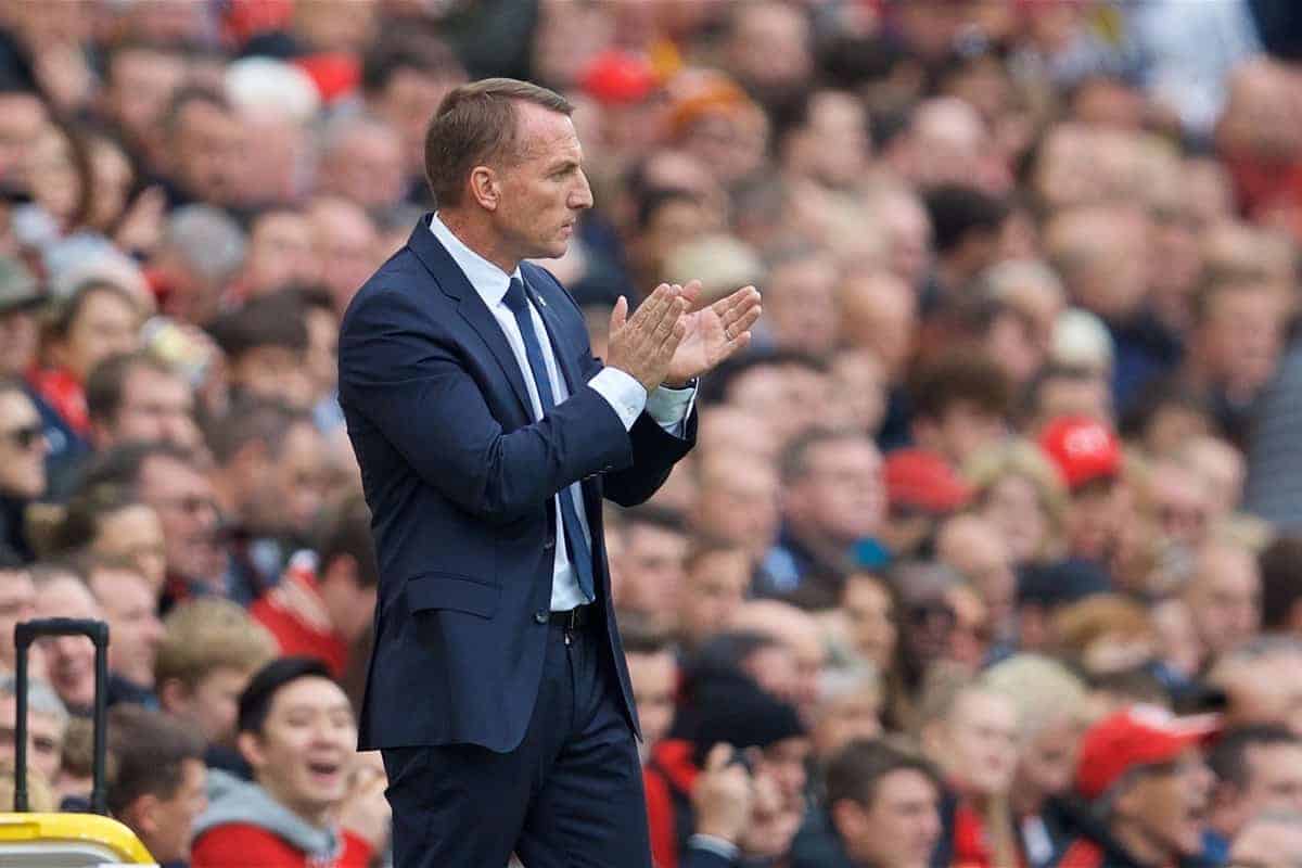 LIVERPOOL, ENGLAND - Saturday, October 5, 2019: Leicester City's manager Brendan Rodgers during the FA Premier League match between Liverpool FC and Leicester City FC at Anfield. (Pic by David Rawcliffe/Propaganda)