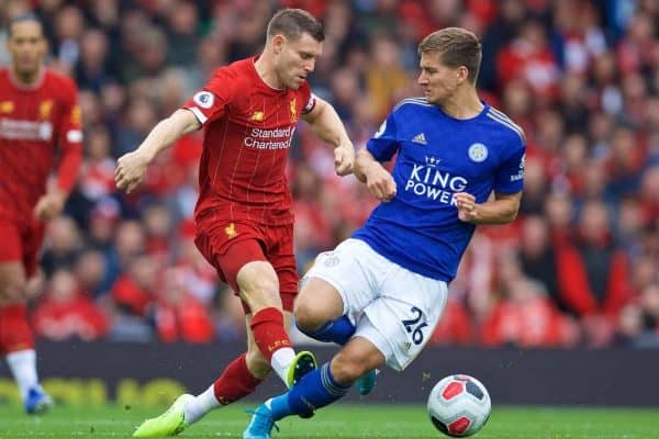 LIVERPOOL, ENGLAND - Saturday, October 5, 2019: Liverpool's James Milner (L) and Leicester City's Dennis Praet during the FA Premier League match between Liverpool FC and Leicester City FC at Anfield. (Pic by David Rawcliffe/Propaganda)