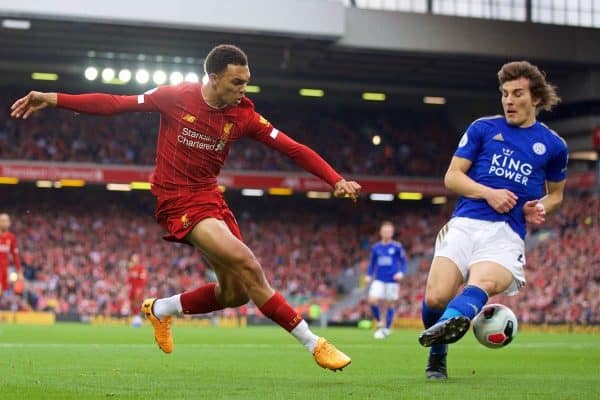 LIVERPOOL, ENGLAND - Saturday, October 5, 2019: Liverpool's Trent Alexander-Arnold during the FA Premier League match between Liverpool FC and Leicester City FC at Anfield. (Pic by David Rawcliffe/Propaganda)