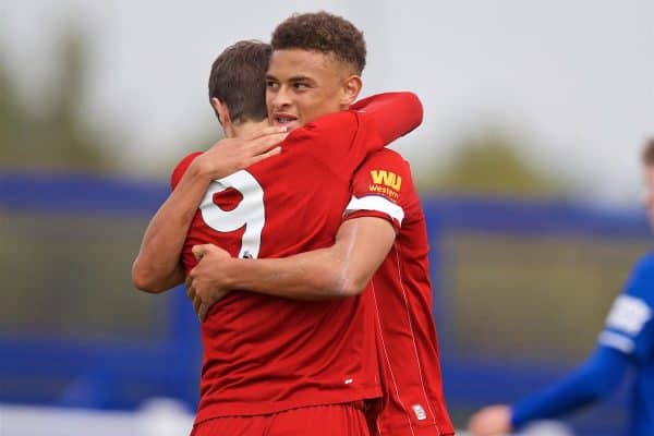 LIVERPOOL, ENGLAND - Saturday, October 5, 2019: Liverpool's captain Fidel O'Rourke (R) celebrates scoring the first goal with team-mate Layton Stewart during the Under-18 FA Premier League match between Everton FC and Liverpool FC at Finch Farm. (Pic by David Rawcliffe/Propaganda)